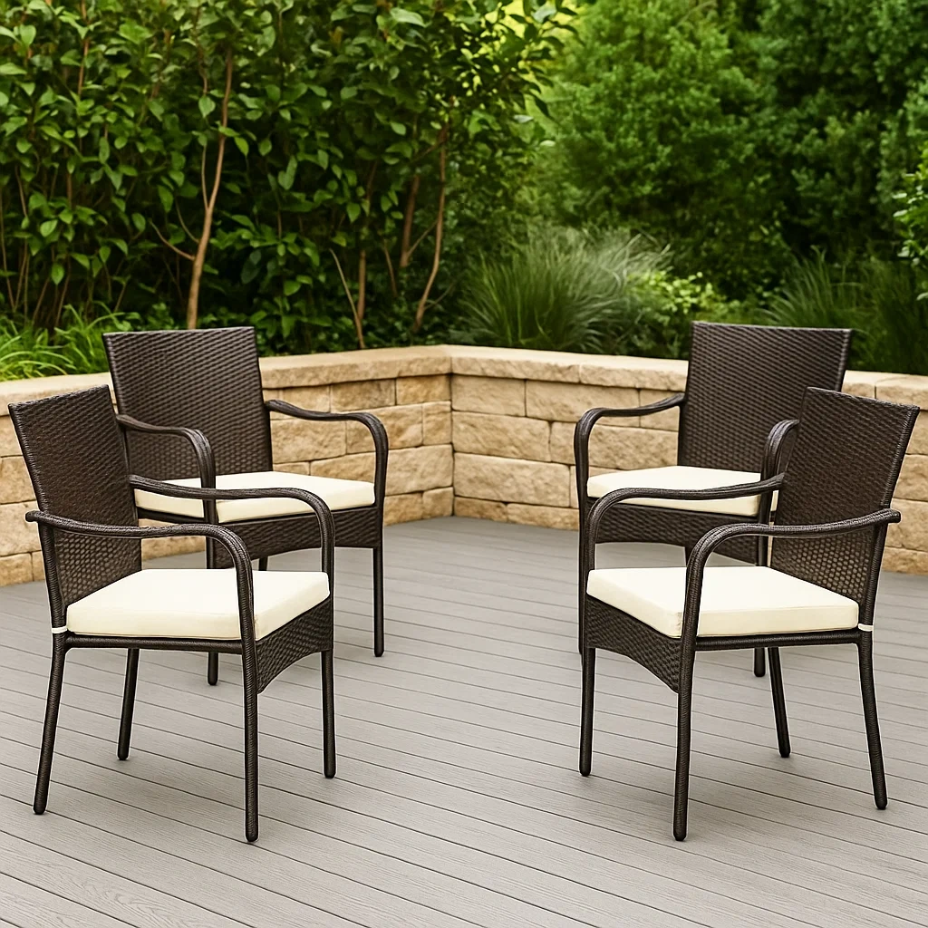 Ensemble de 4 chaises de jardin avec coussin, marron, acier et polyester, idéales pour le jardin.