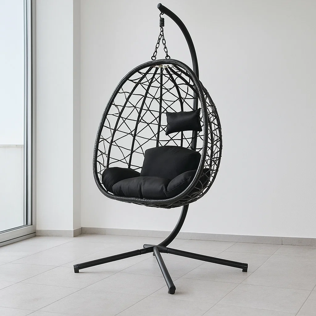 Fauteuil suspendu en rotin synthétique noir et support en acier pour une utilisation intérieure ou extérieure 95×95×198 cm - TDsxlbhi7TnC