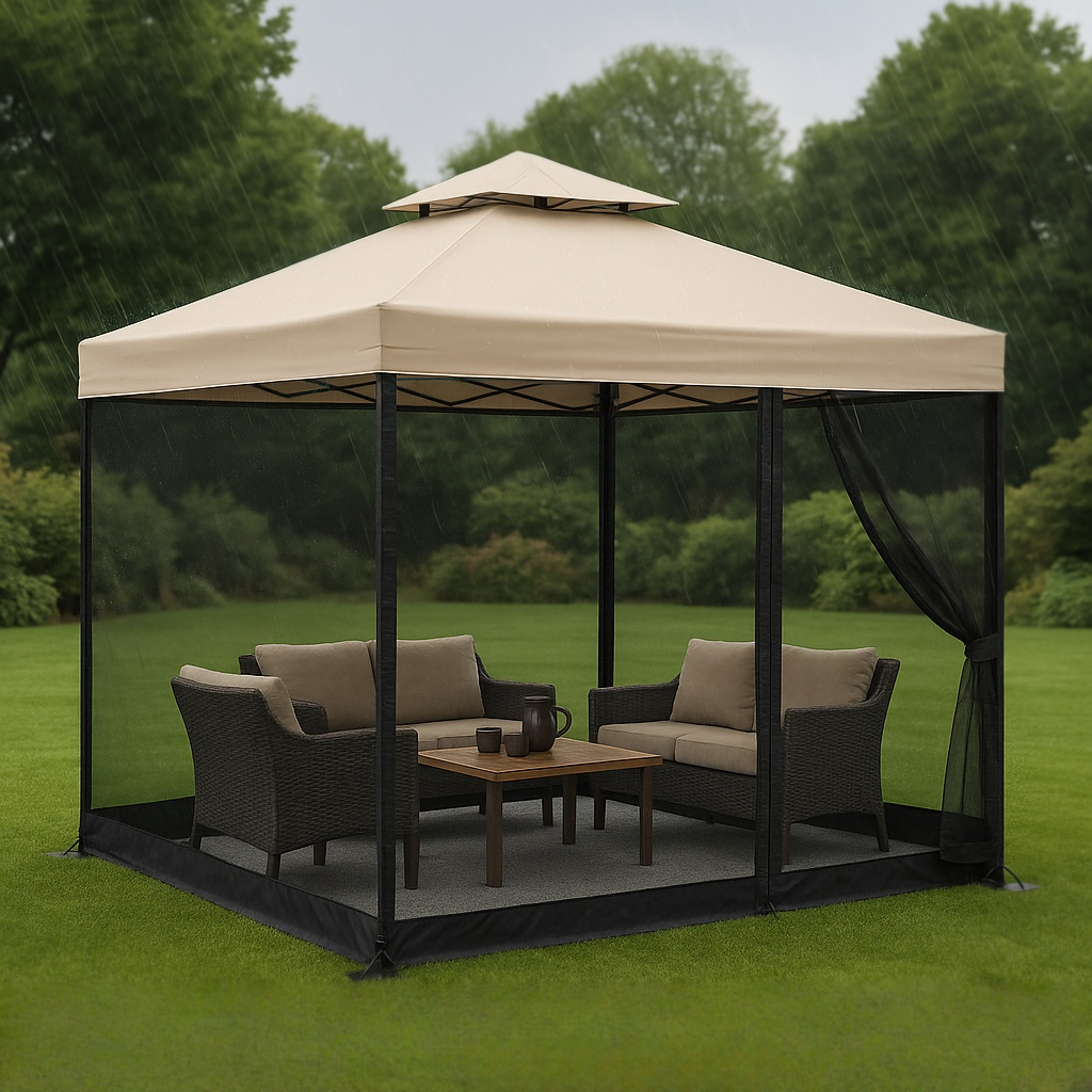 Tonnelle de jardin beige/noir en polyester et métal pour usage extérieur 300 x 220 x 280 cm