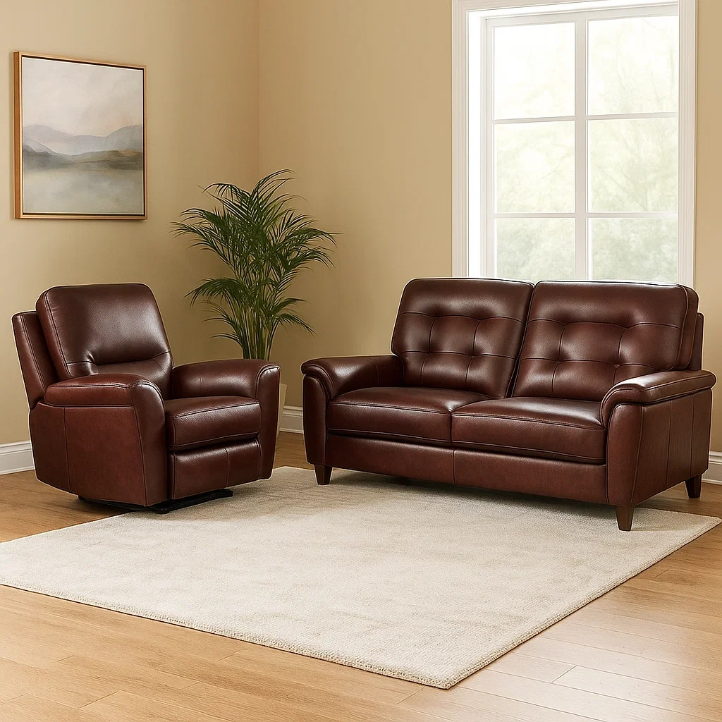 Ensemble canapé comprenant un fauteuil inclinable et un canapé 2 places, structure en bois, rembourrage en mousse, revêtement en similicuir marron, pour salon, canapé 2 places 160 x 85 x 90 cm, fauteuil 85 x 85 x 90 cm - RPAGNyTHmNGA