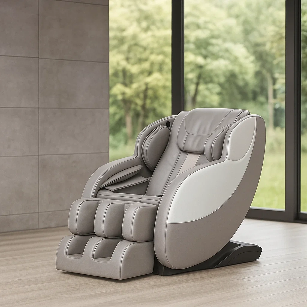 Fauteuil de massage gris, revêtement en similicuir et polyester, adapté à un usage intérieur, 135 x 73 x 150 cm