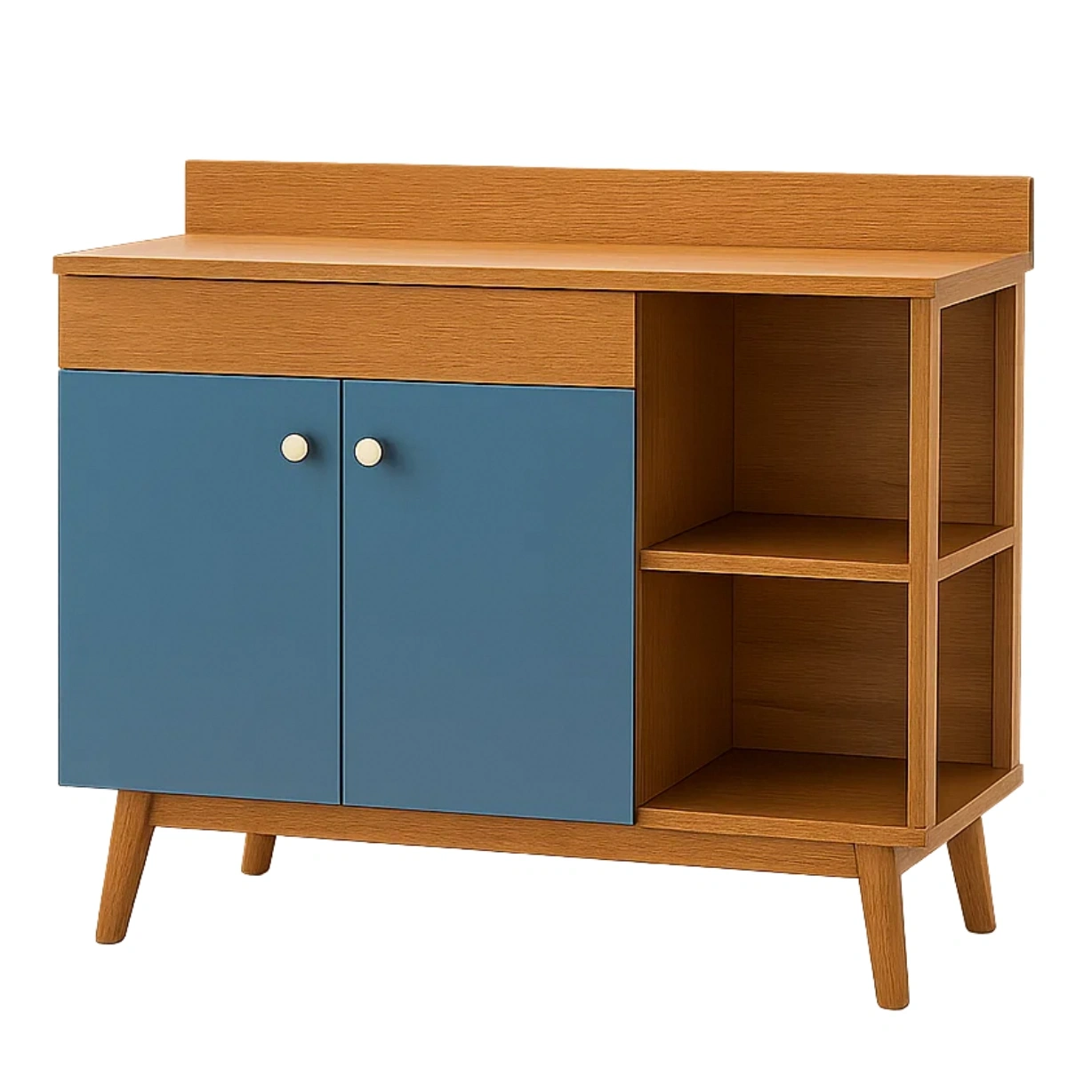 Îlot de cuisine rectangulaire avec étagères et meuble en MDF, coloris chêne et bleu, sans roulettes, 100 x 40 x 85 cm, pour cuisine domestique. - VxsES9DwARkS