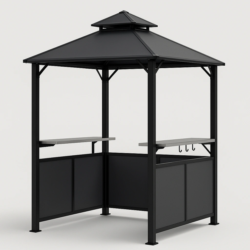 Gazebo barbecue d'extérieur en métal noir pour terrasse ou jardin, 240 cm x 150 cm x 260 cm