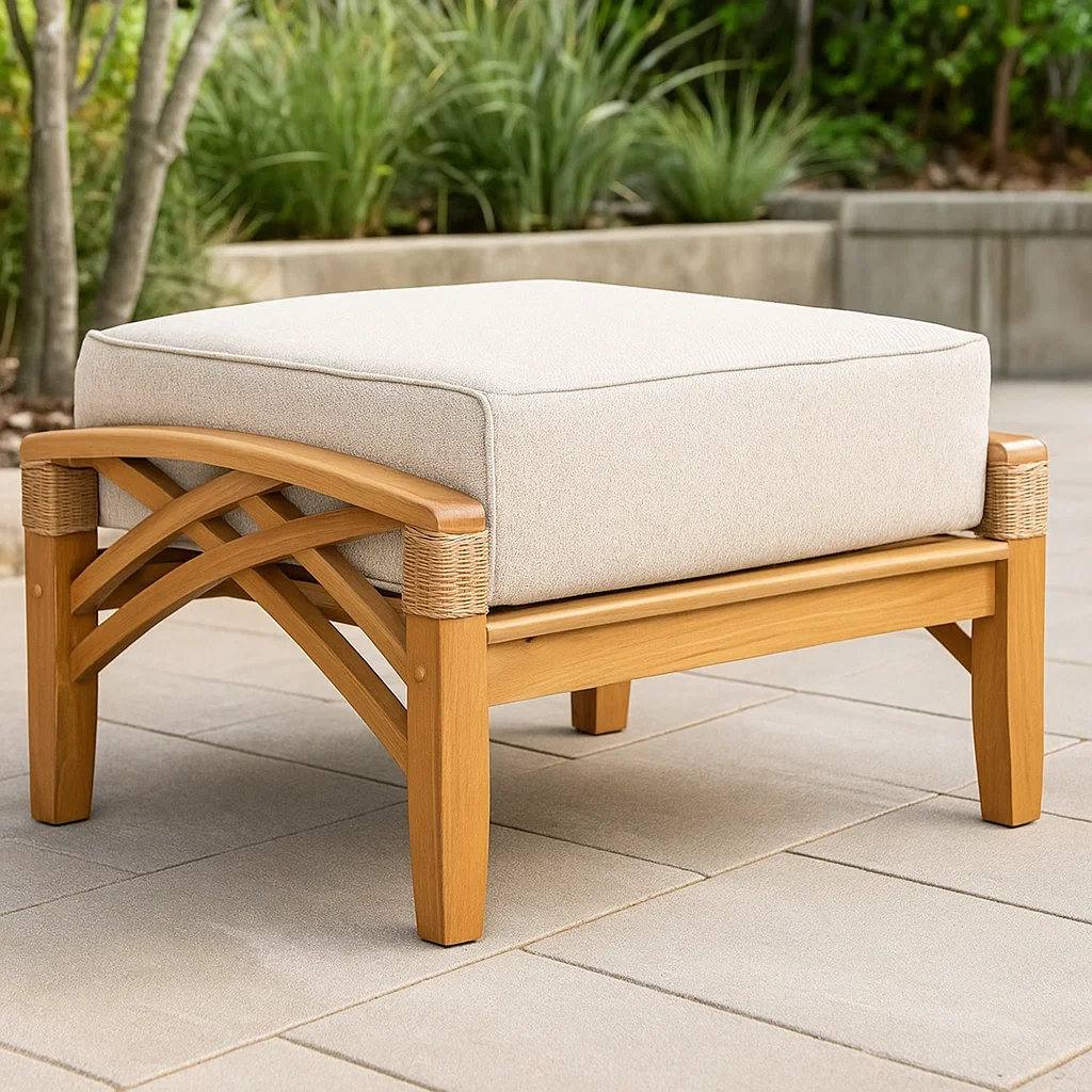 Tabouret d'extérieur beige, en teck naturel avec revêtement en polyester et mousse, pour jardin, 71 x 41 x 38 cm