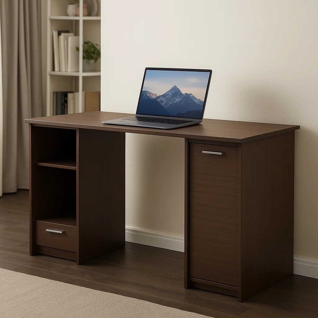 Bureau d'ordinateur avec 2 tiroirs ouverts et 2 tiroirs à portes, bois foncé, 100 x 45 x 75 cm - DWBRGgN308kc