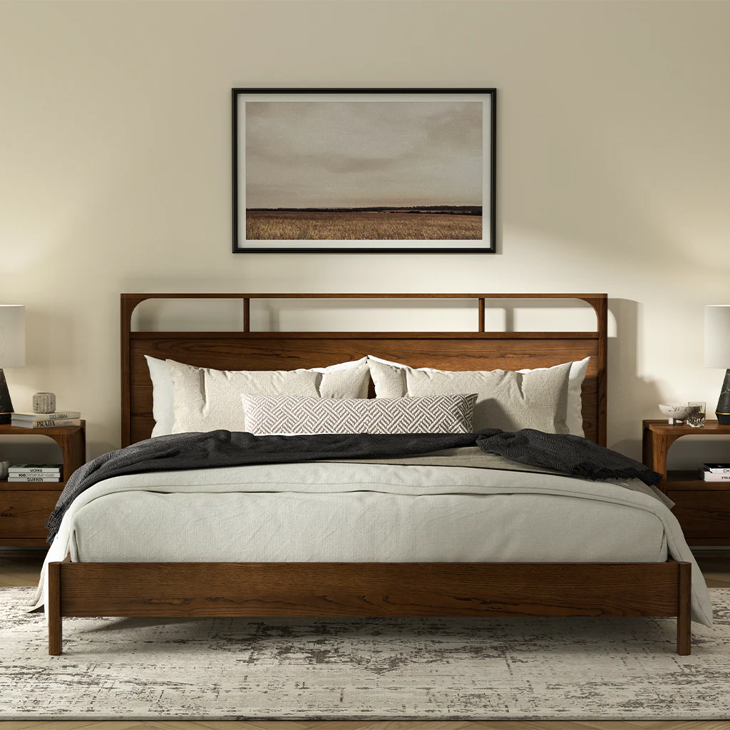 Bett aus kalifornischer Eiche mit Walnussbeize – Natürliche Eleganz und sorgfältige Verarbeitung
