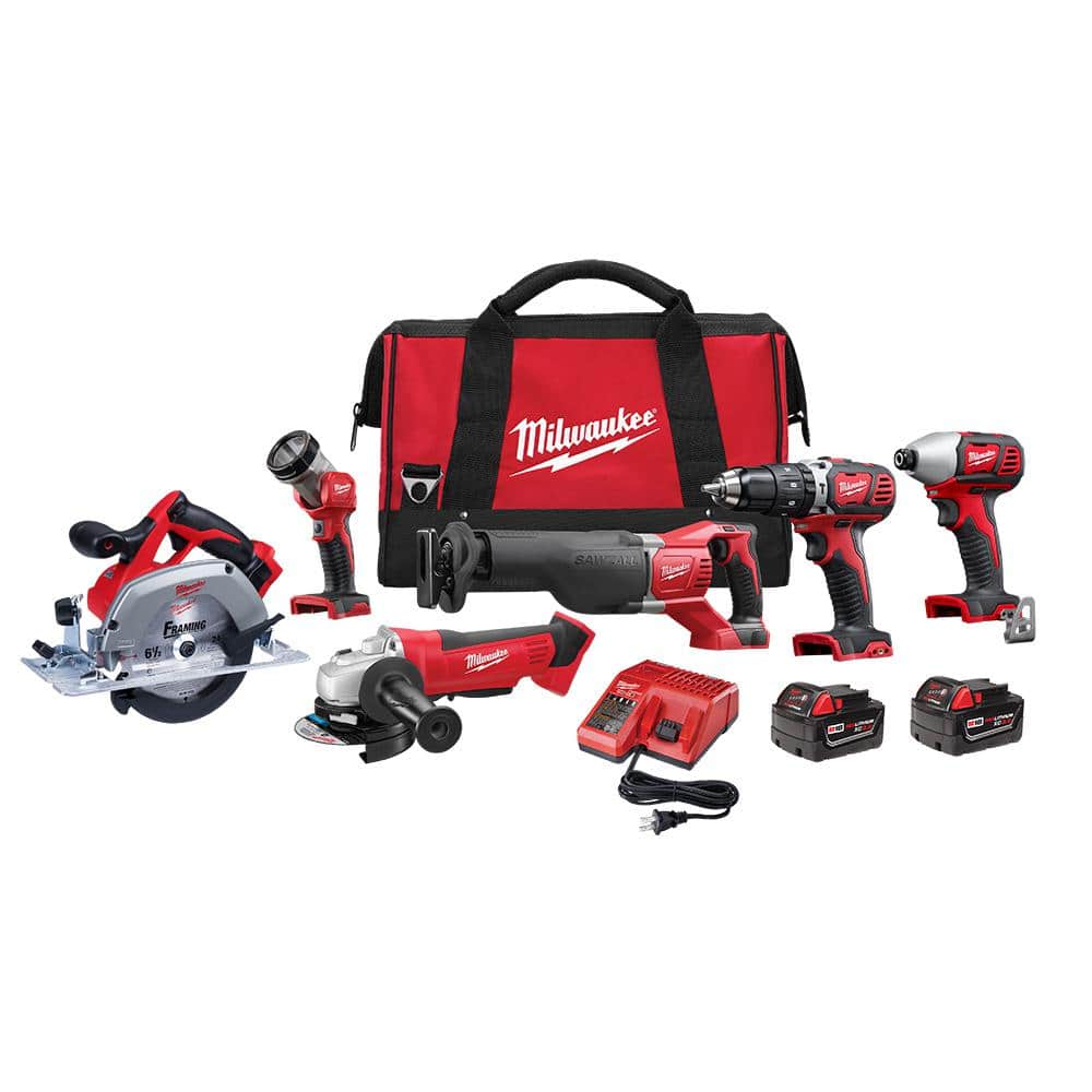 Milwaukee M18 18V Lithium-Ionen Akku-Werkzeugset (6 Werkzeuge) mit zwei 3,0-Ah-Akkus, einem Ladegerät und einem Werkzeugkoffer – Modell 2696-26