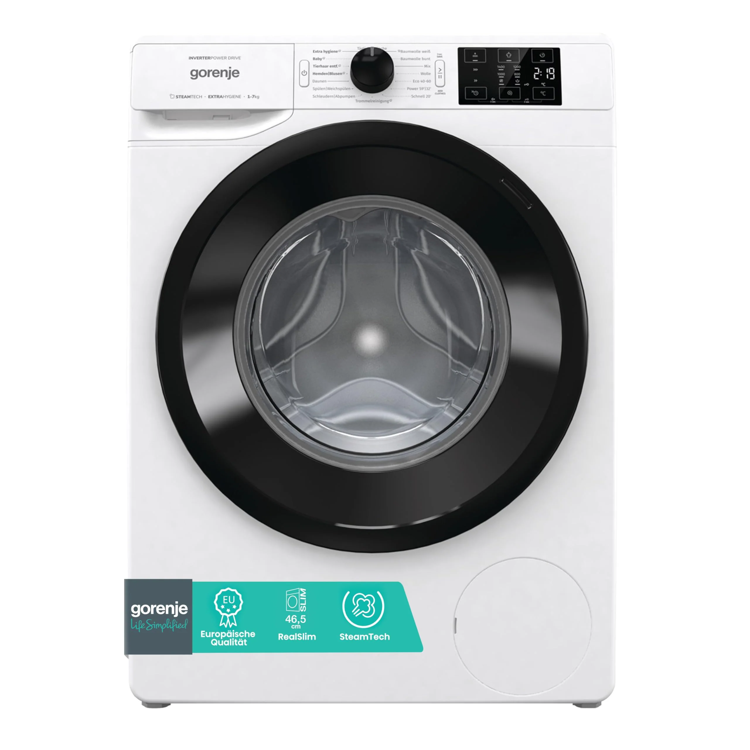 Gorenje WAM 74 SAP, Baujahr 2025. Waschmaschine mit Dampffunktion. 7 kg. 1400 U/min. 16 Programme. AquaStop. PowerDrive Inverter-Motor. Edelstahltrommel. Kindersicherung. Energieeffizienzklasse A. Weiß.
