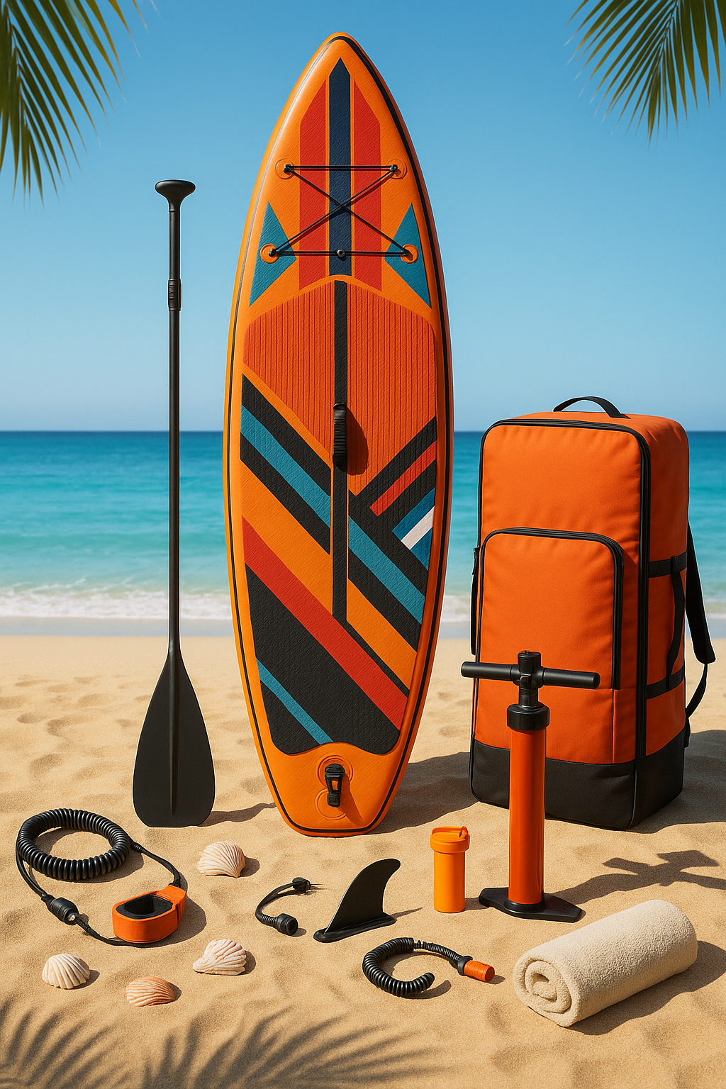 Planche de paddle gonflable orange, noire et bleue en PVC polypropylène, idéale pour la plage, dimensions : 305 x 76 x 15 cm, référence : grCMwBA533oB
