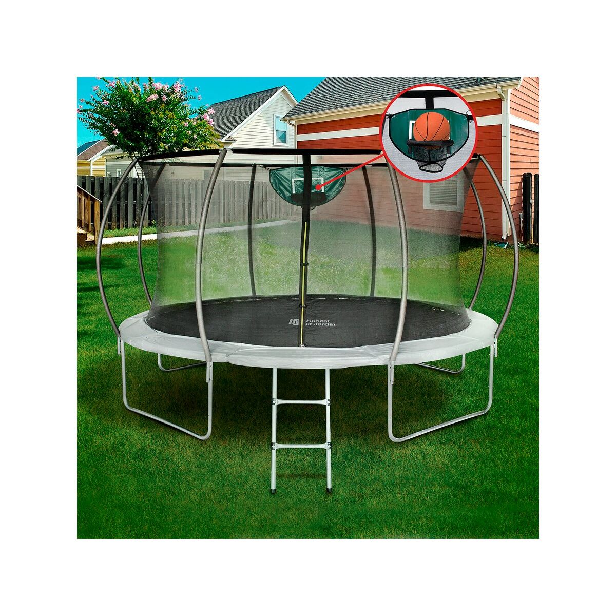 Trampolin mit Innennetz und Basketballkorb „Jumper“ Ø 4,25 m – Grau