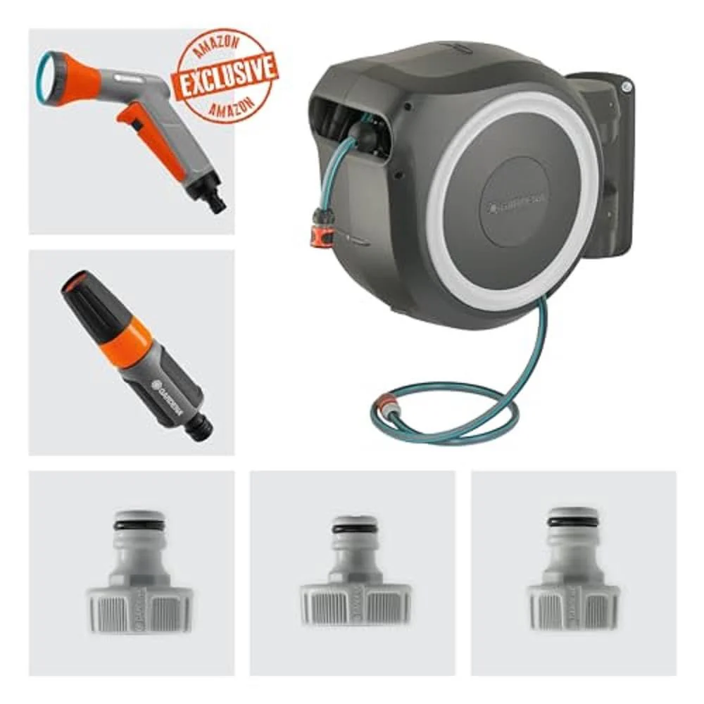 Gardena RollUp XL 35m Wand-Schlauchtrommel Exclusive Edition (2025): Flexible Bewässerung für große Gärten. Drehbarer Schlauchaufroller mit 35 m Schlauch, Brause und Reinigungssprüher (18632-60)