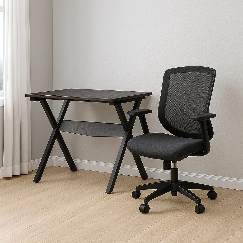 Bureau et chaise d'ordinateur, bois et métal, noir et marron, avec étagère, 120 x 60 x 75 cm, bureau - 1Ndrs3ht2EdM