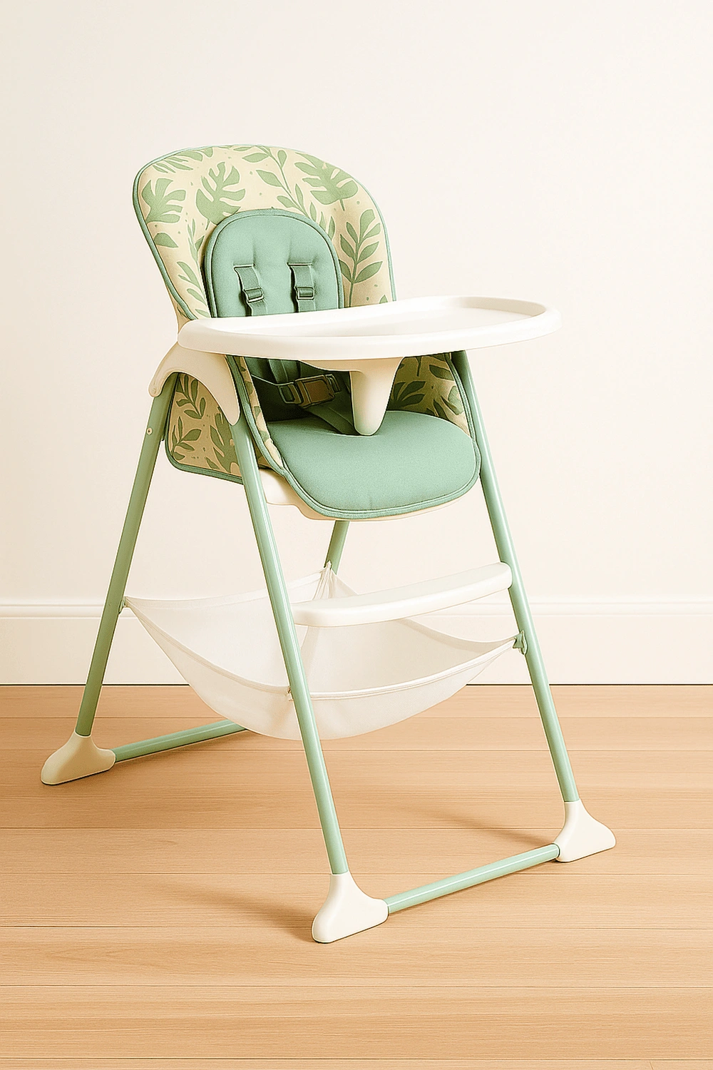 Chaise haute pliante avec tablette amovible, jusqu'à 15 kg, harnais de sécurité 5 points, verte, pour les enfants de 6 à 36 mois