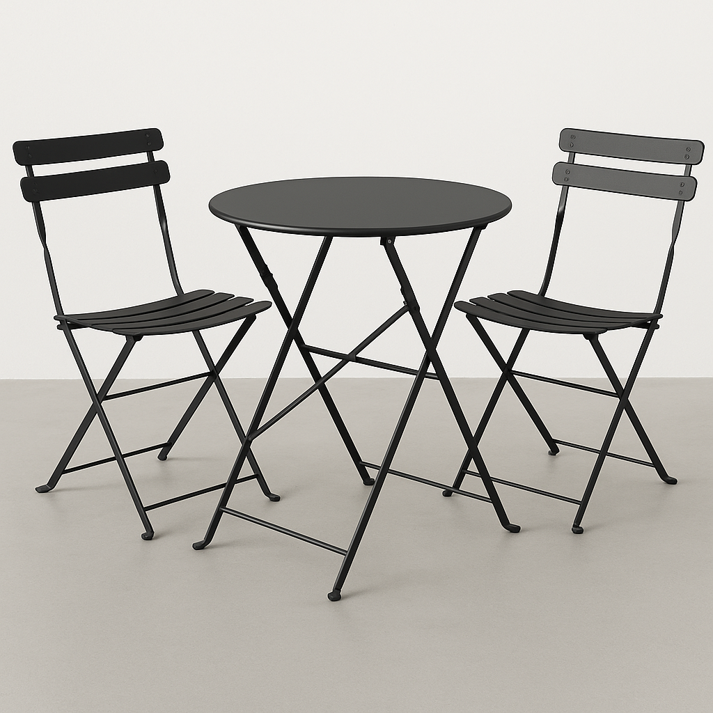 Ensemble de salle à manger d'extérieur : table ronde pliante avec chaises en acier noir pour jardin