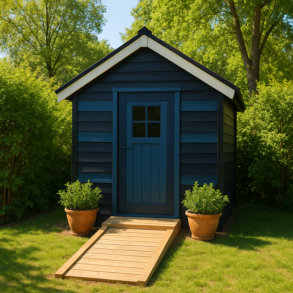 Abri de jardin en bois bleu et composite, dimensions extérieures : 200 × 180 × 240 cm