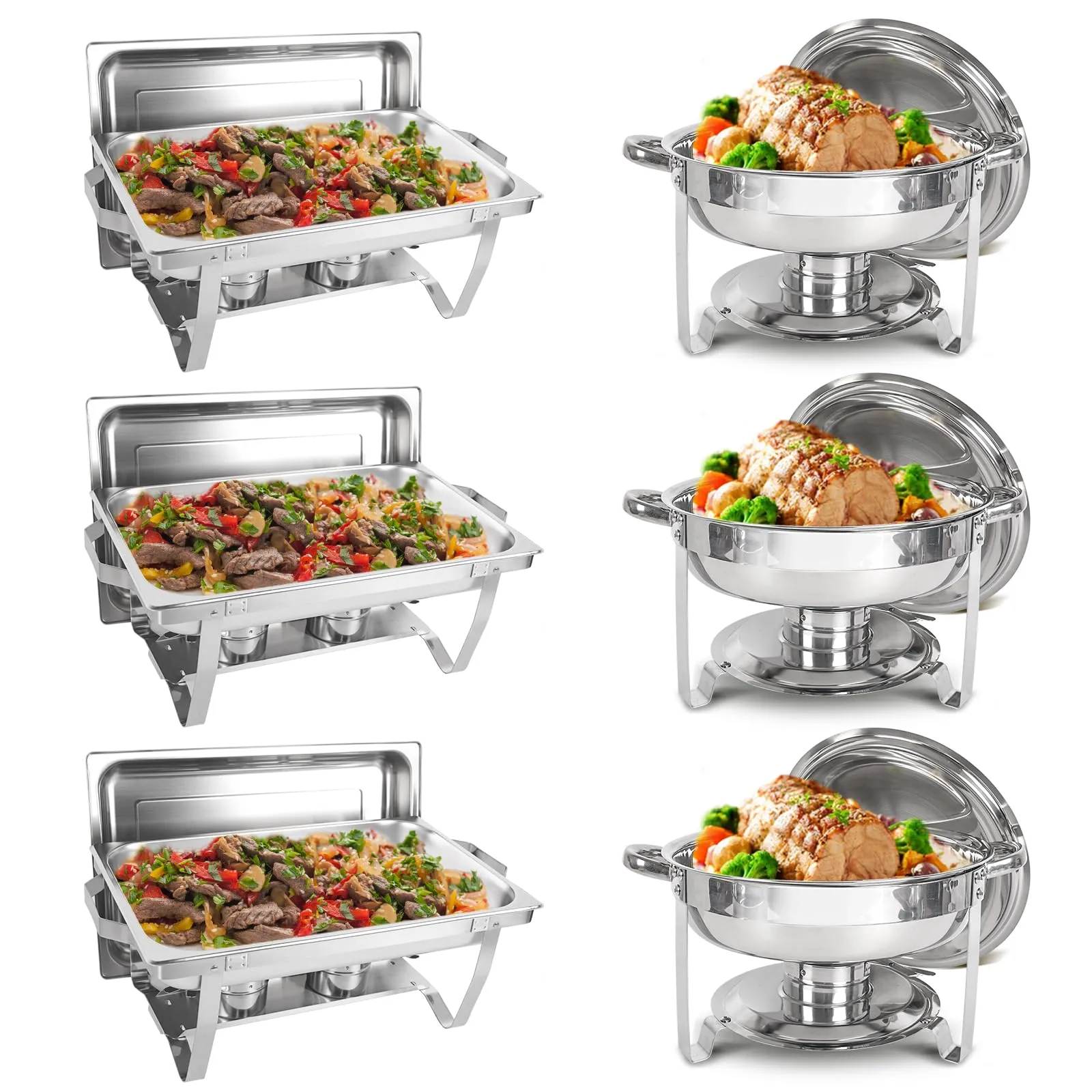 6-teiliges Buffet-Chafing-Dish-Set. Enthält ein rundes Chafing Dish aus Edelstahl mit 5 QT Fassungsvermögen und ein rechteckiges Chafing Dish mit 8 QT Fassungsvermögen.