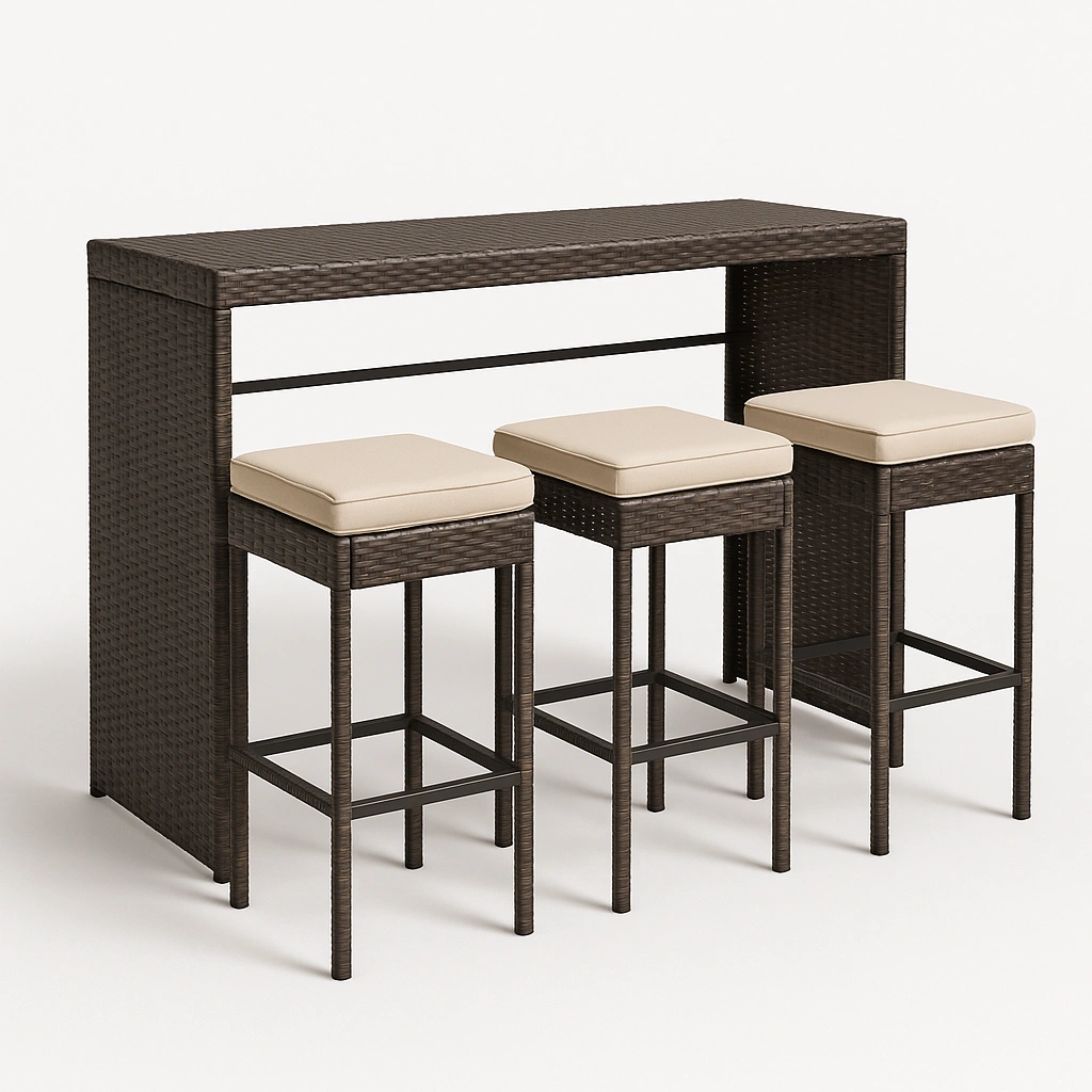 Ensemble bar d'extérieur en résine tressée avec 3 tabourets et coussins - Marron - Idéal pour le jardin ou la terrasse