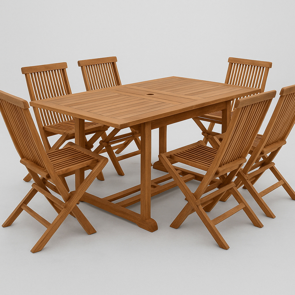 Ensemble de salle à manger d'extérieur + Table extensible et 6 chaises + Marron + Bois de teck massif + Jardin/Terrasse