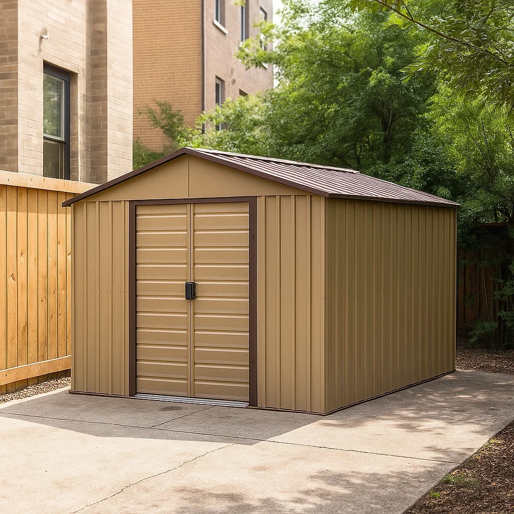 Garage métallique rectangulaire, beige, à toit en pente, autoportant, 550 x 300 x 250 cm, pour le rangement extérieur. - 7eD1zlOAoORl