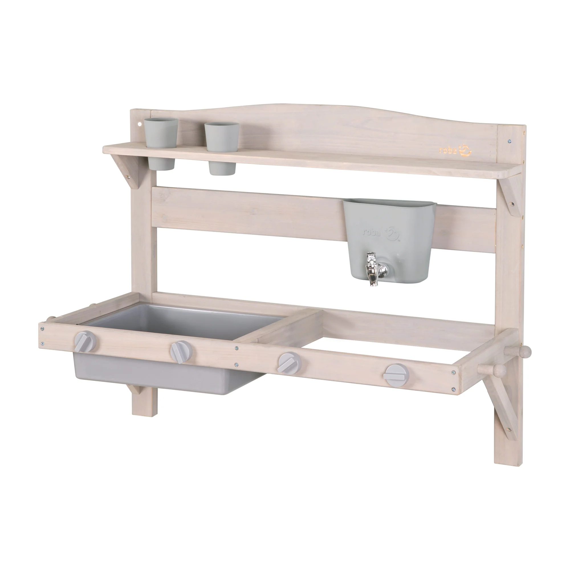 Hängende Spielküche und Tontopf – FSC-zertifiziertes Holz – gravierte graue Oberfläche