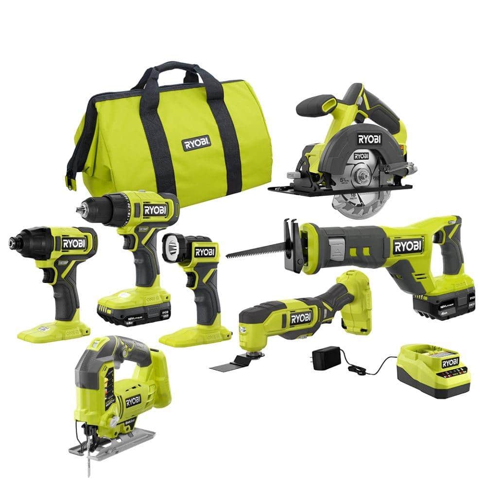 RYOBI ONE+ 18V Akku-Kombi-Set (Modelljahr 2025) mit 6 Werkzeugen, Akkus und Ladegerät