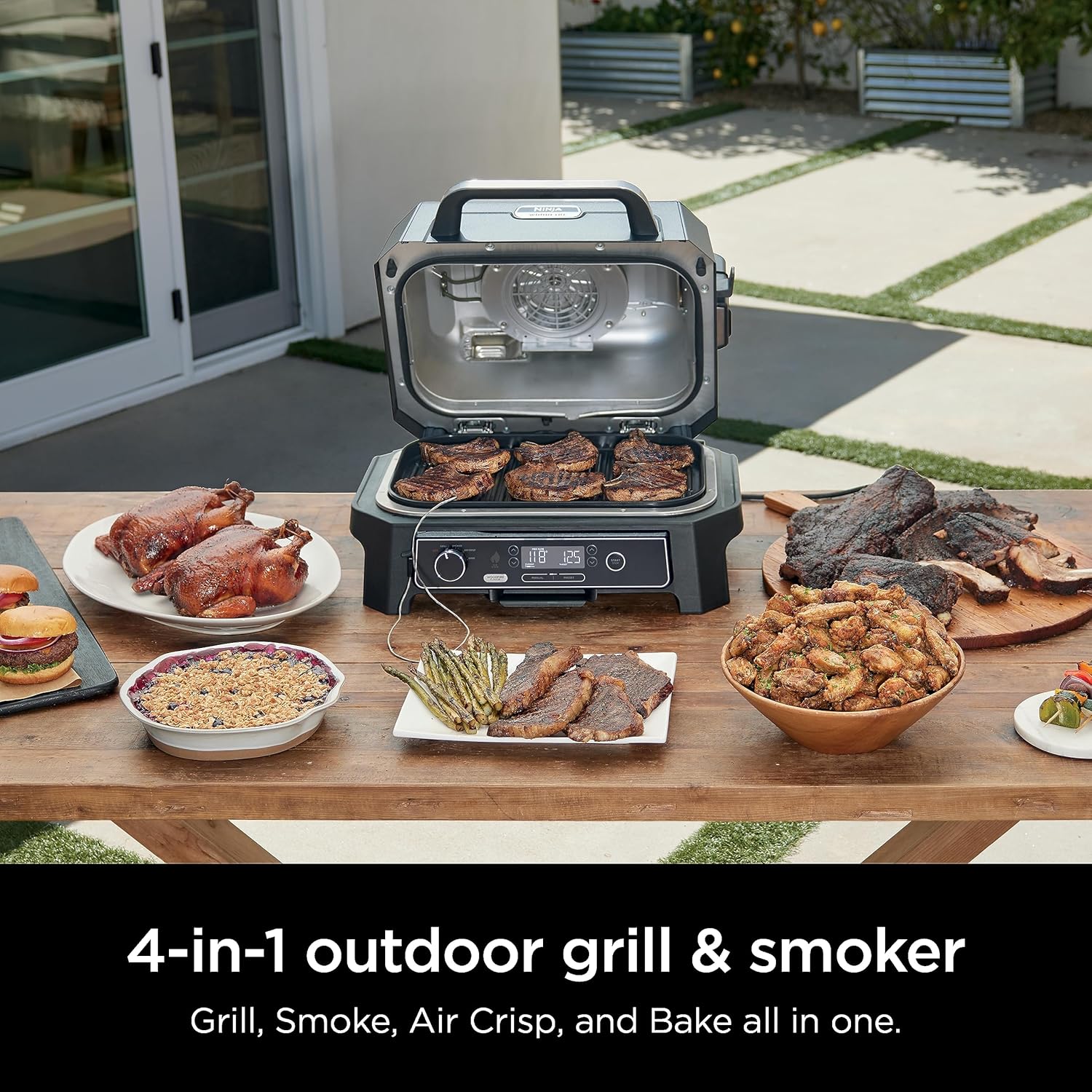 Ninja Woodfire Pro XL Outdoor-Grill und Smoker (Modelljahr 2025). Thermometer. 4-in-1-Multifunktionsgrill. BBQ-Smoker. Heißluftfritteuse. Backofen. Tragbar. Elektrogrill. Dunkelgrau. Modell OG850