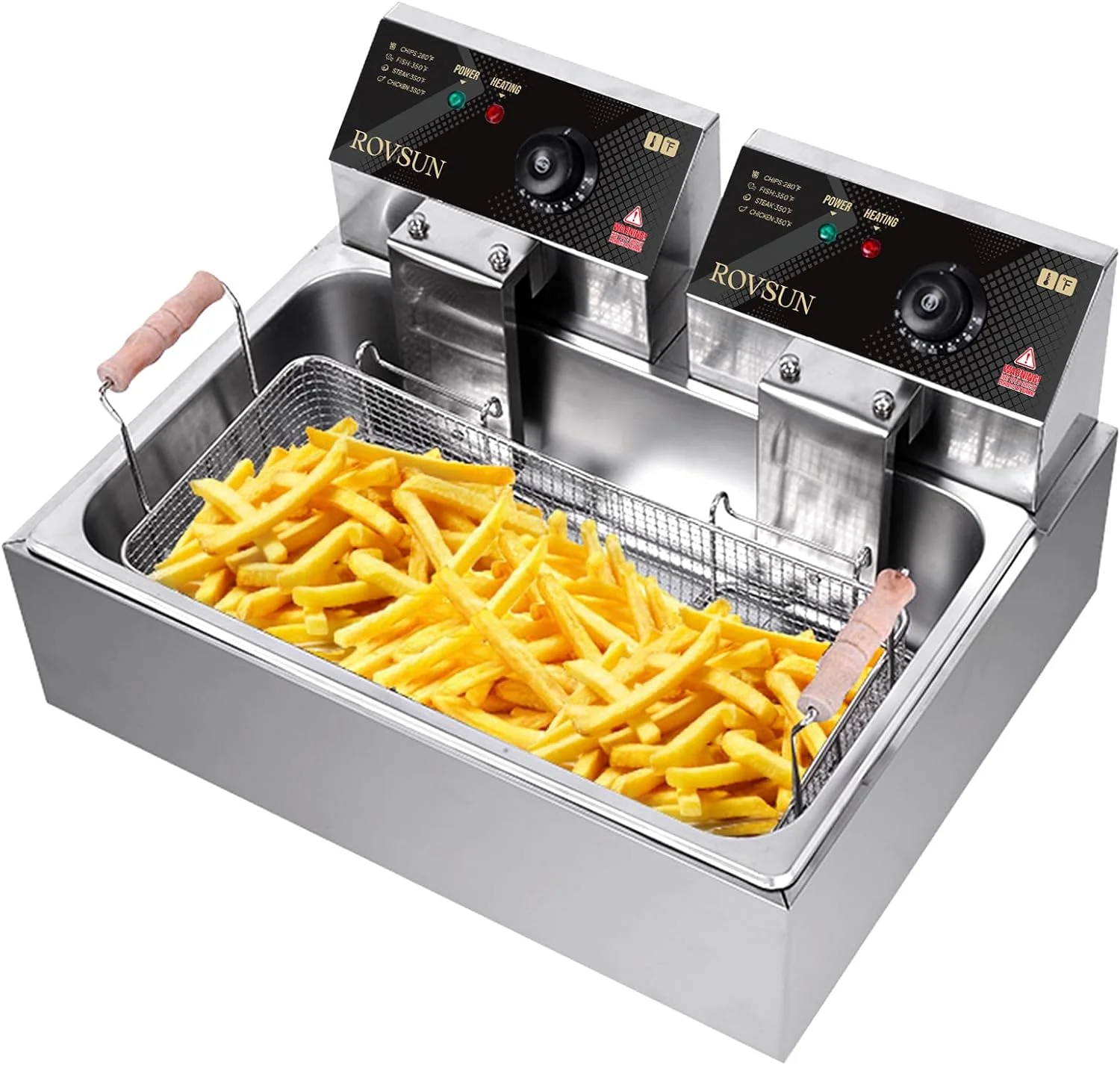ROVSUN 23,8-Liter-Elektrofritteuse mit großem Frittierkorb und Deckel. Temperaturregelung. Professionelle Edelstahl-Fritteuse für Pommes frites, Zwiebelringe und Putenfleisch. 5000 W.