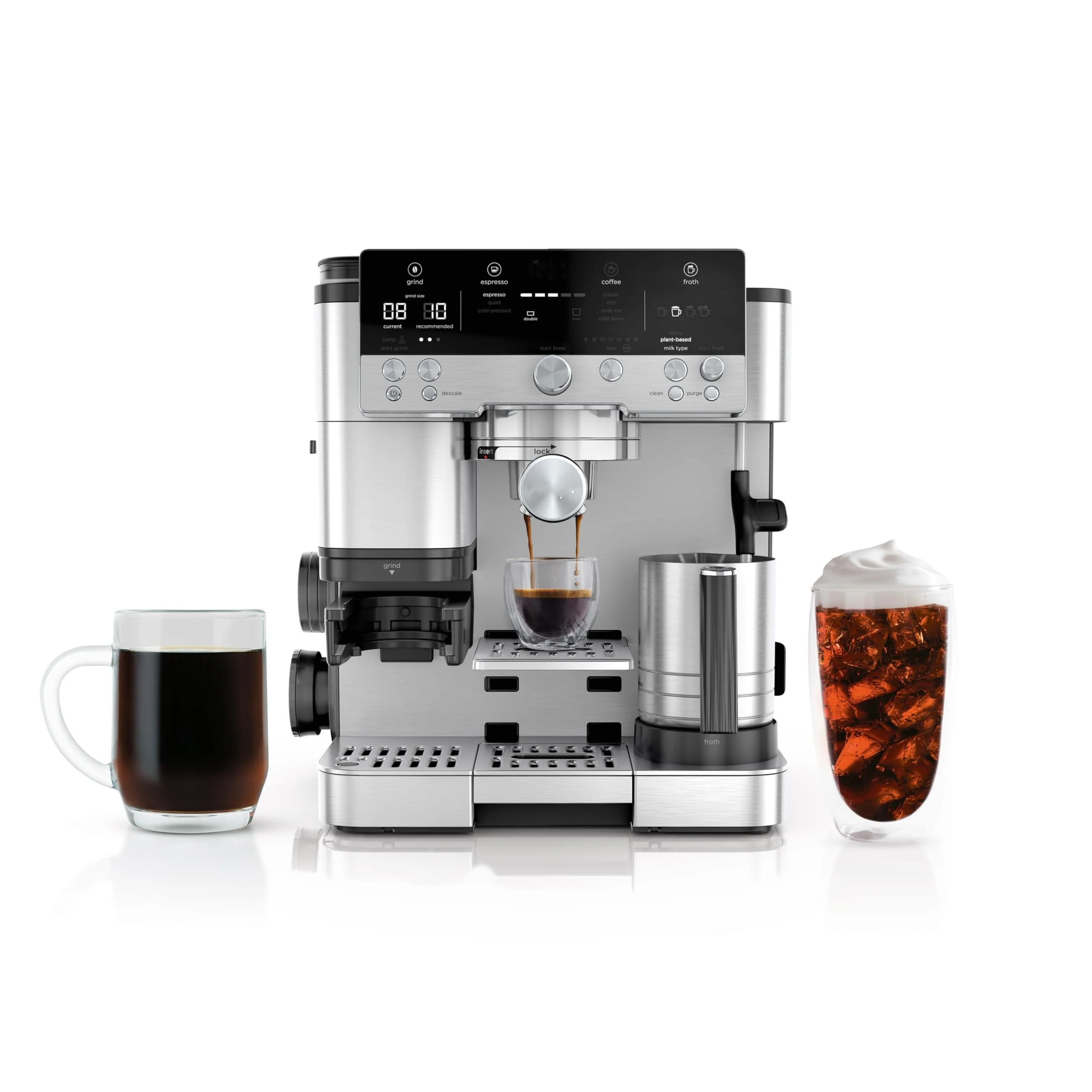 Kaffeemaschine der Luxe Café Premier Series (Modelljahr 2025, R-ES601). Funktionen: Espresso, Filterkaffee, Cold Brew, Mahlwerk, Tamper, Milchaufschäumer. Farbe: Silber.
