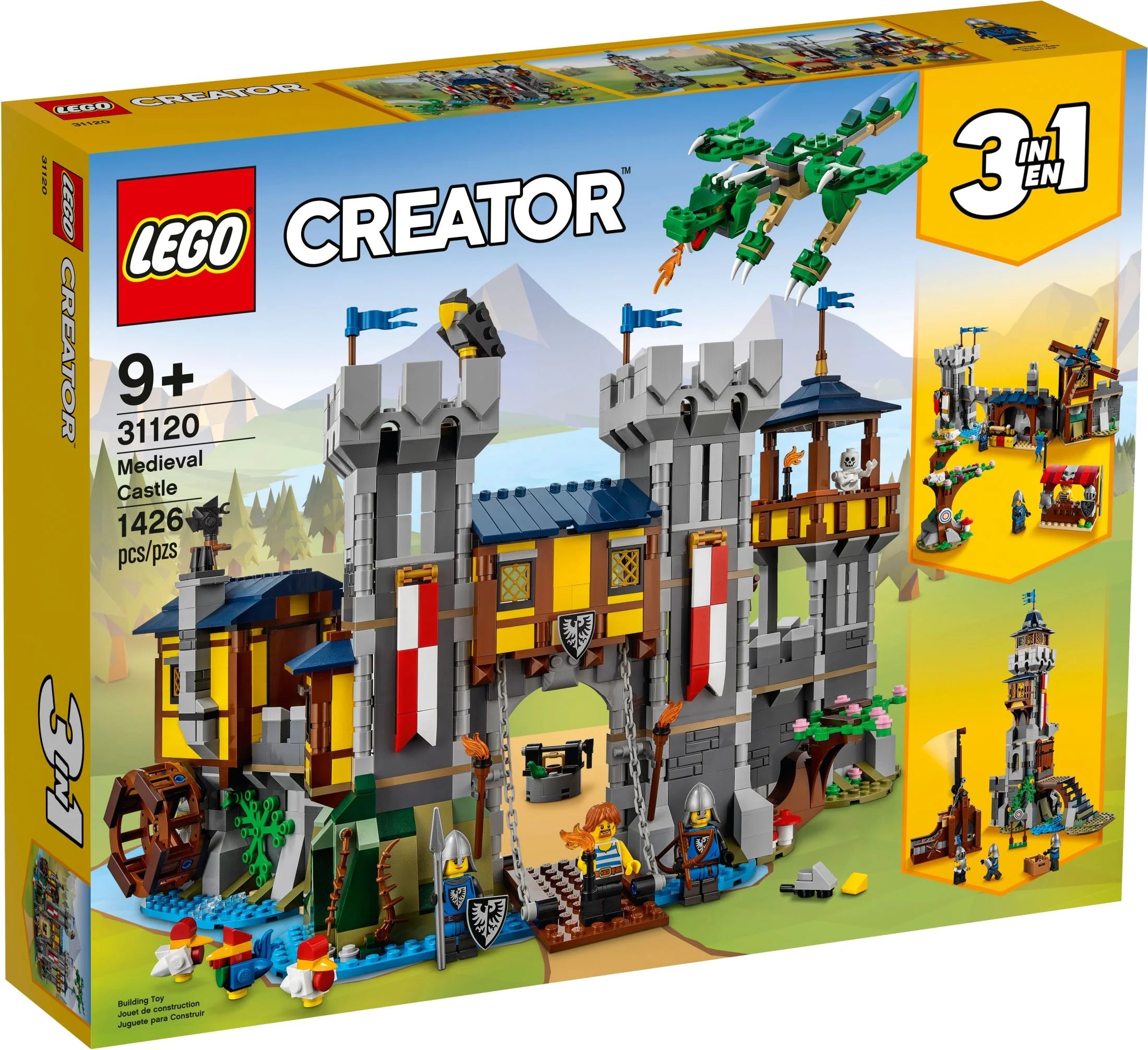LEGO Creator 3-in-1 Mittelalterliche Burg, lässt sich von der Burg in einen Turm und einen Marktplatz verwandeln, inklusive Skelett- und Drachenfigur, mit 3 Minifiguren und Katapult, 31120