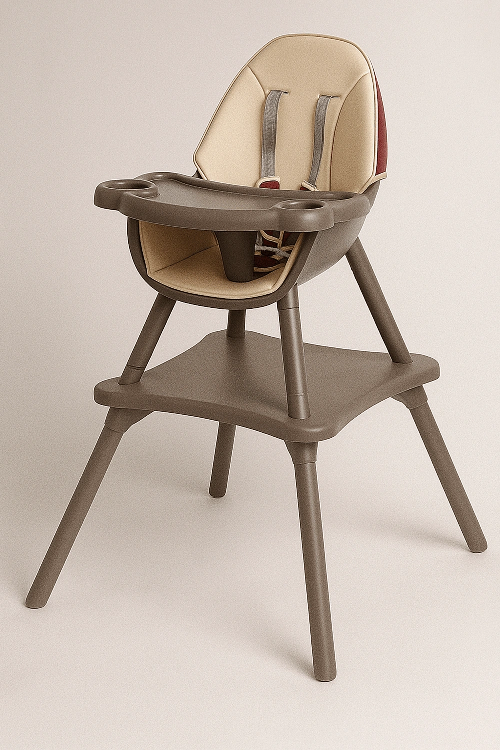 Chaise haute en bois avec dossier réglable sur 3 positions, jusqu'à 15 kg, harnais de sécurité 5 points, coloris beige et gris, convient aux enfants de 6 à 36 mois.