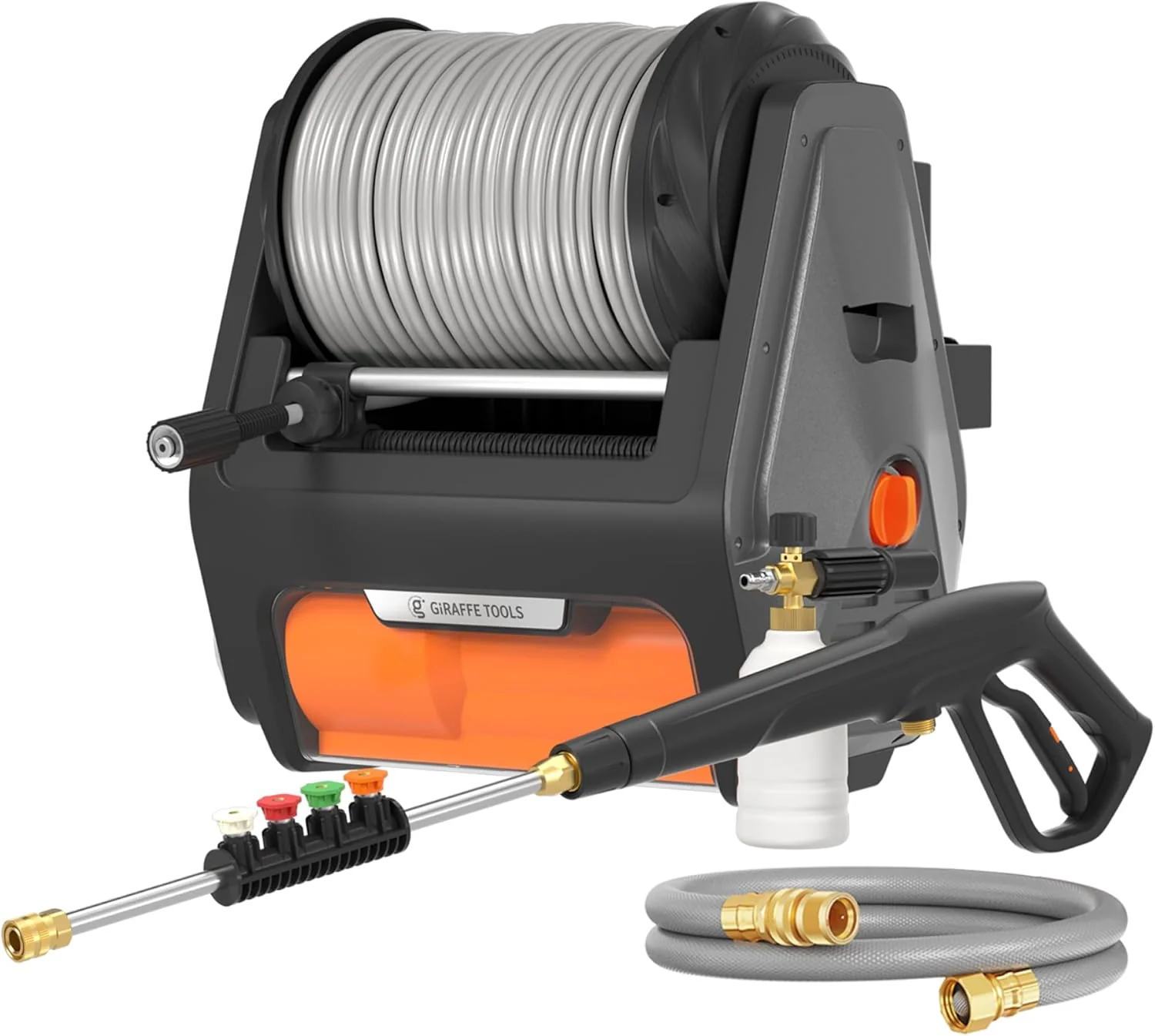 Giraffe Tools Grandfalls Wand-Hochdruckreiniger – 2900 PSI. 2,2 GPM. 31 m einziehbarer Schlauch. Schaumkanone. 4 Schnellanschlussdüsen.