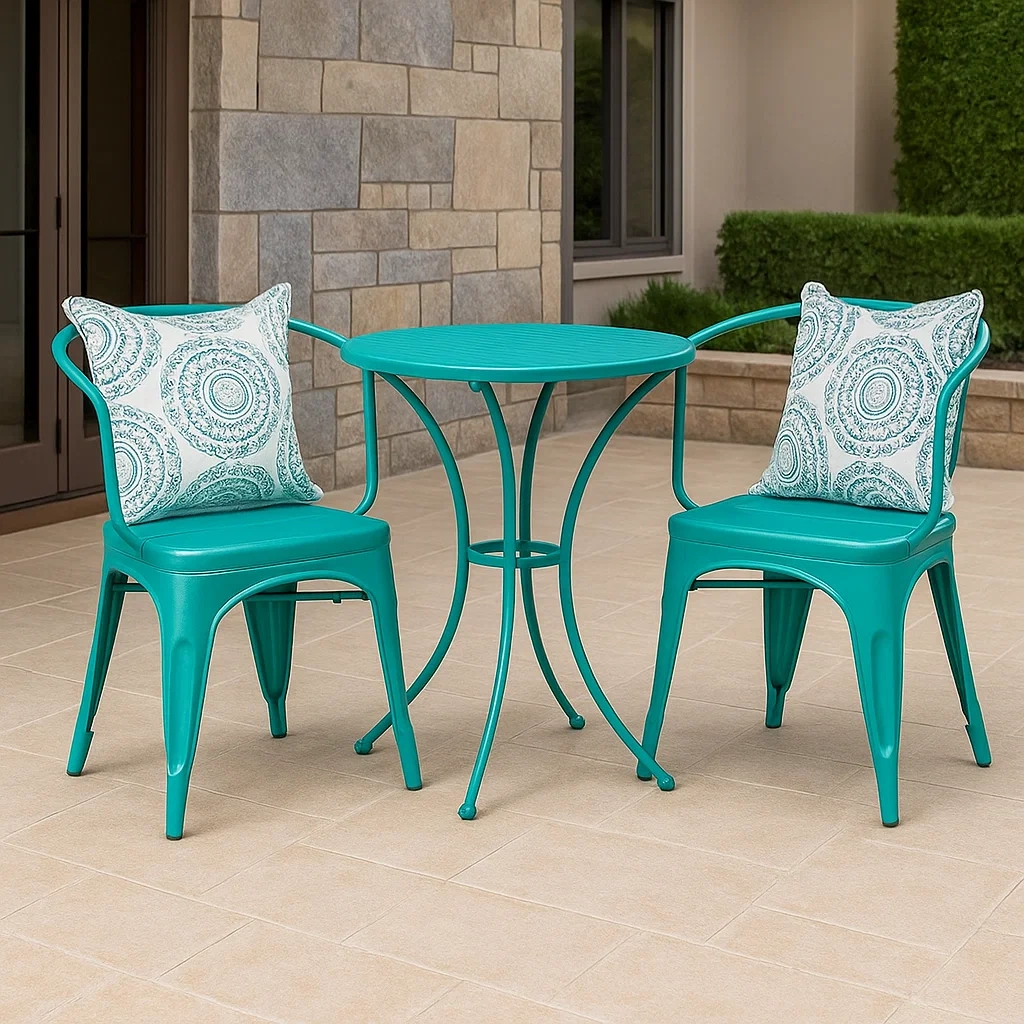 Ensemble bistro d'extérieur, ensemble 3 pièces avec table et chaises, bleu sarcelle, métal, terrasse