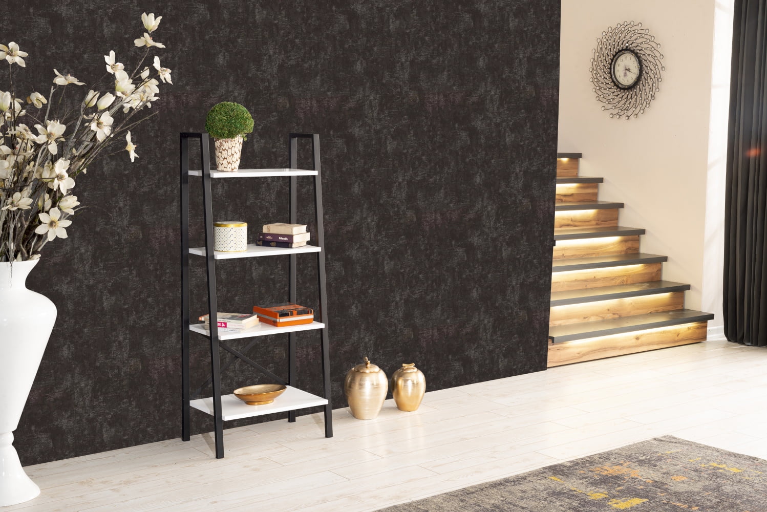 GeeHome Leon 5-stufiges, modernes Leiterregal mit Ablagefächern (Modelljahr 2025). Metallgestell. Ideal für kleine Räume wie Wohnzimmer, Büro oder Bibliothek. Weiß.