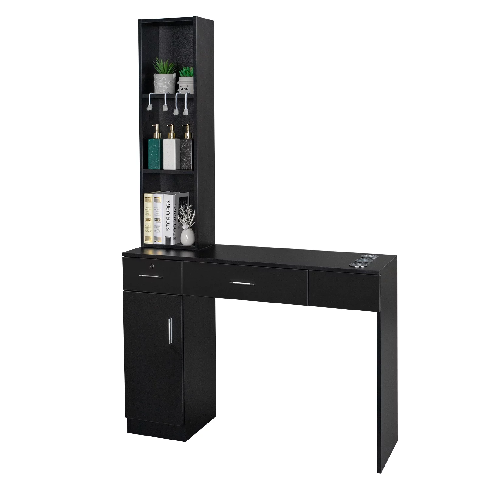 OmySalon Wandmontierte Frisierstation 2025 für Kosmetikstudios und Spas. Mit 2 Schubladen, 1 Schrank und 3 offenen Regalfächern (Schwarz).