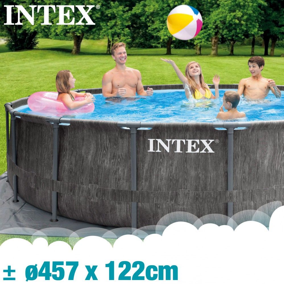 Intex 457x122cm Runder PVC-Rohrpool zum Aufstellen, Grau, mit Filterpumpe