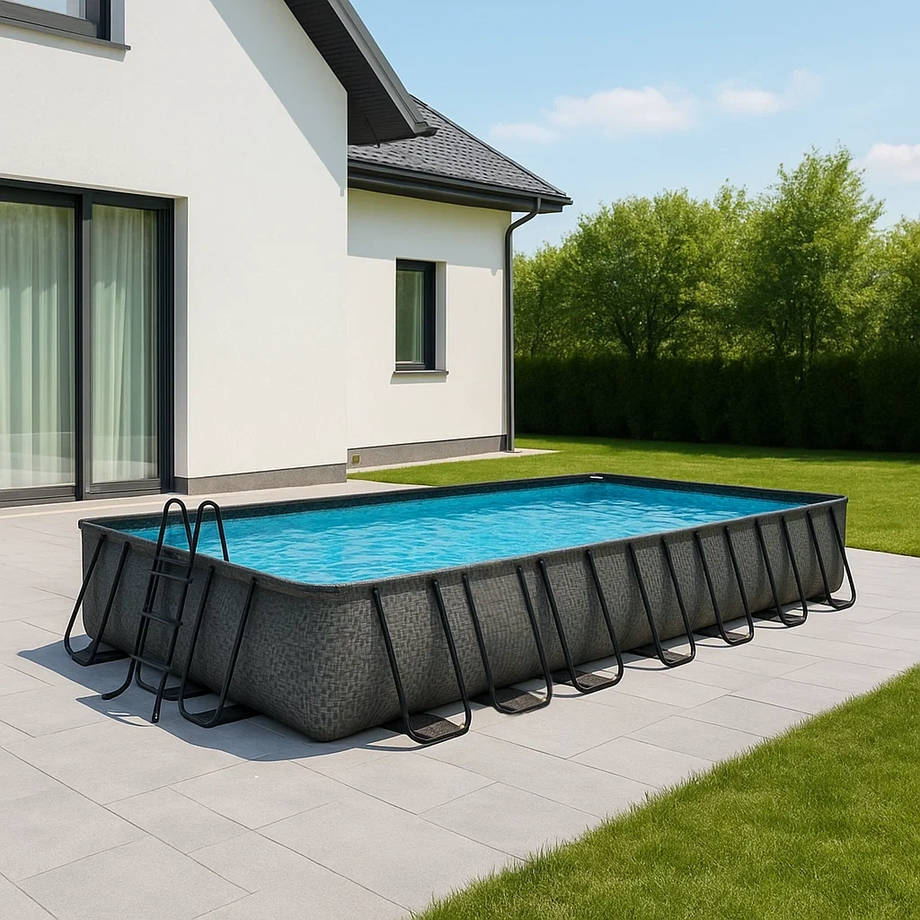Piscine extérieure, gris foncé, acier et PVC, pour jardin, 588 x 376 x 132 cm