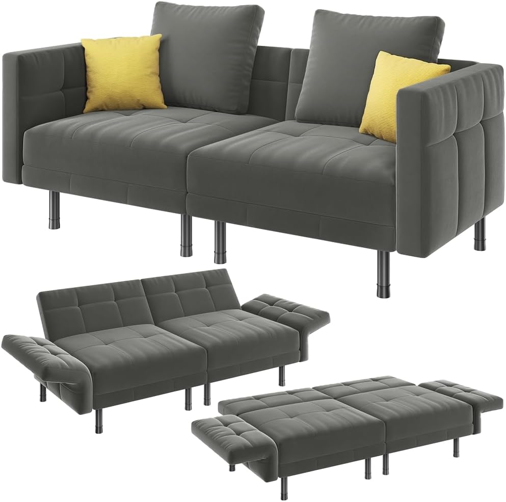Yaheetech 2-Sitzer Samt-Schlafsofa, 171 x 80 x 72 cm, inklusive 4 Kissen, mit verstellbaren Armlehnen und Rückenlehne für Wohnzimmer, Schlafzimmer und Arbeitszimmer, Grau