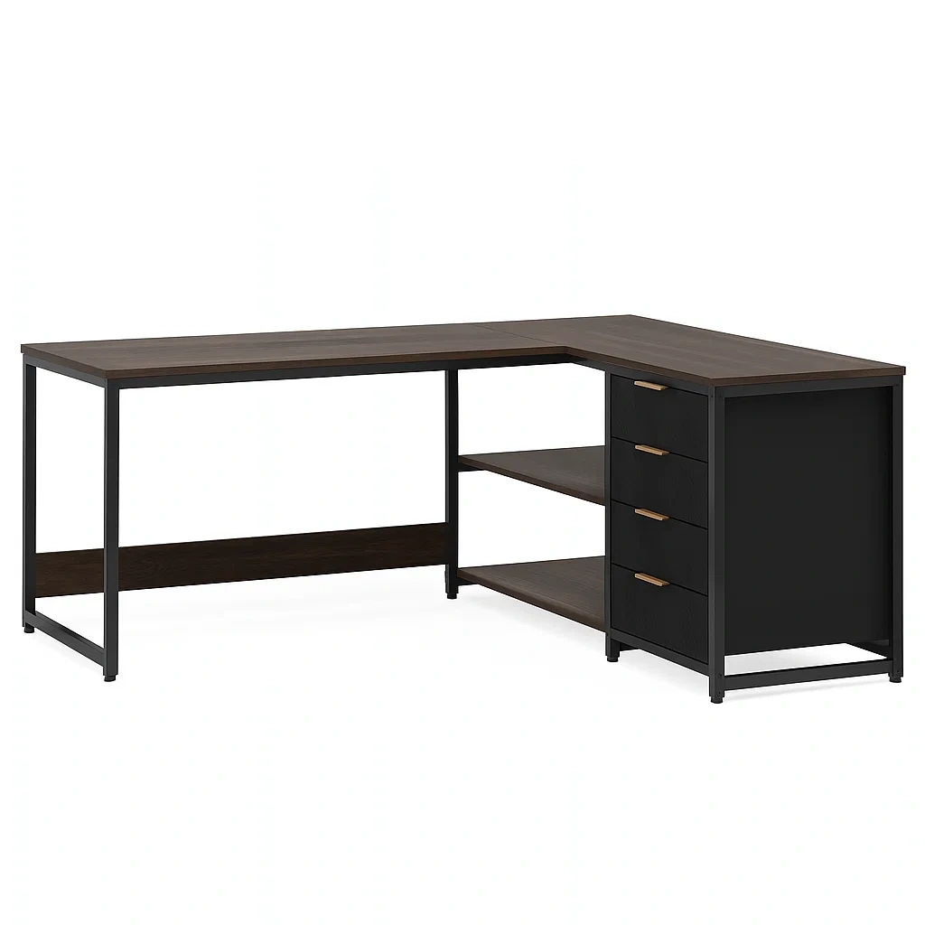 Bureau d'ordinateur en L avec 4 tiroirs et étagères, 150 x 120 x 75 cm, marron et noir - RQZTGTq305VC