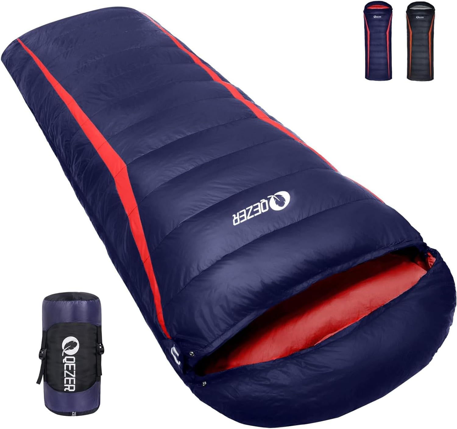 QEZER Daunenschlafsack 220 cm x 80 cm, 8 bis -3 °C, ultraleichter 4-Jahreszeiten-Schlafsack für Erwachsene und Kinder, ideal zum Campen und Wandern