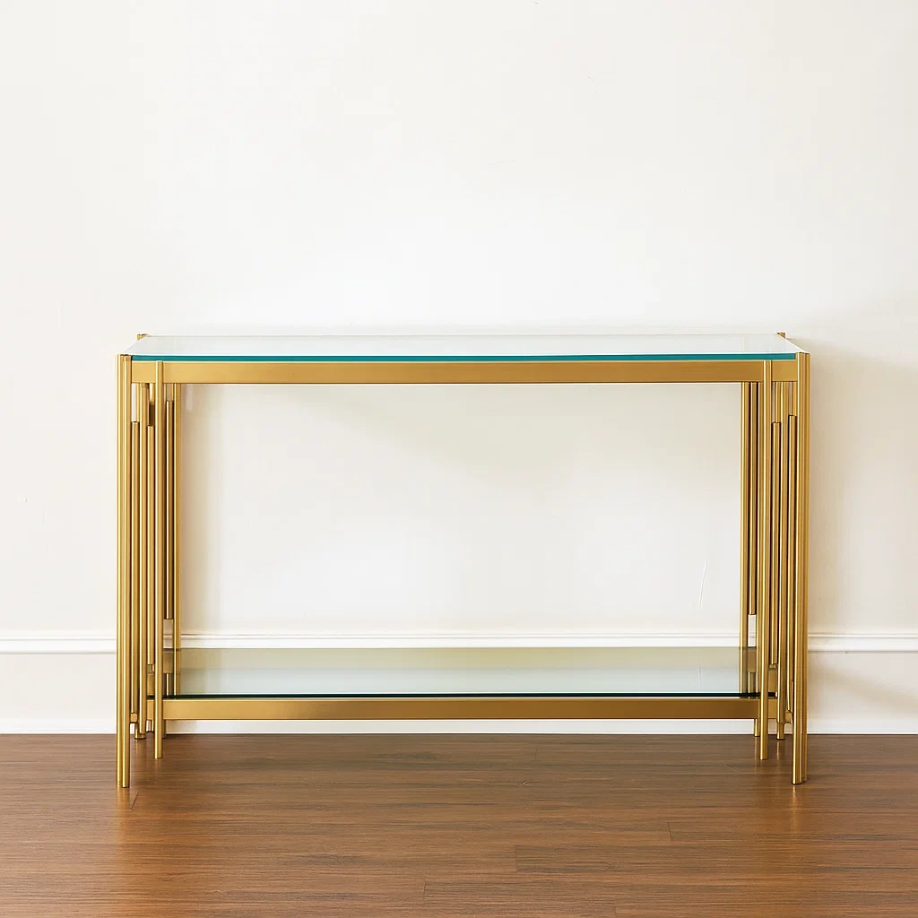 Console rectangulaire dorée en verre trempé et acier, idéale pour une entrée ou un salon (123,5 × 43,5 × 78 cm) - t5Hmv8NSHLEF