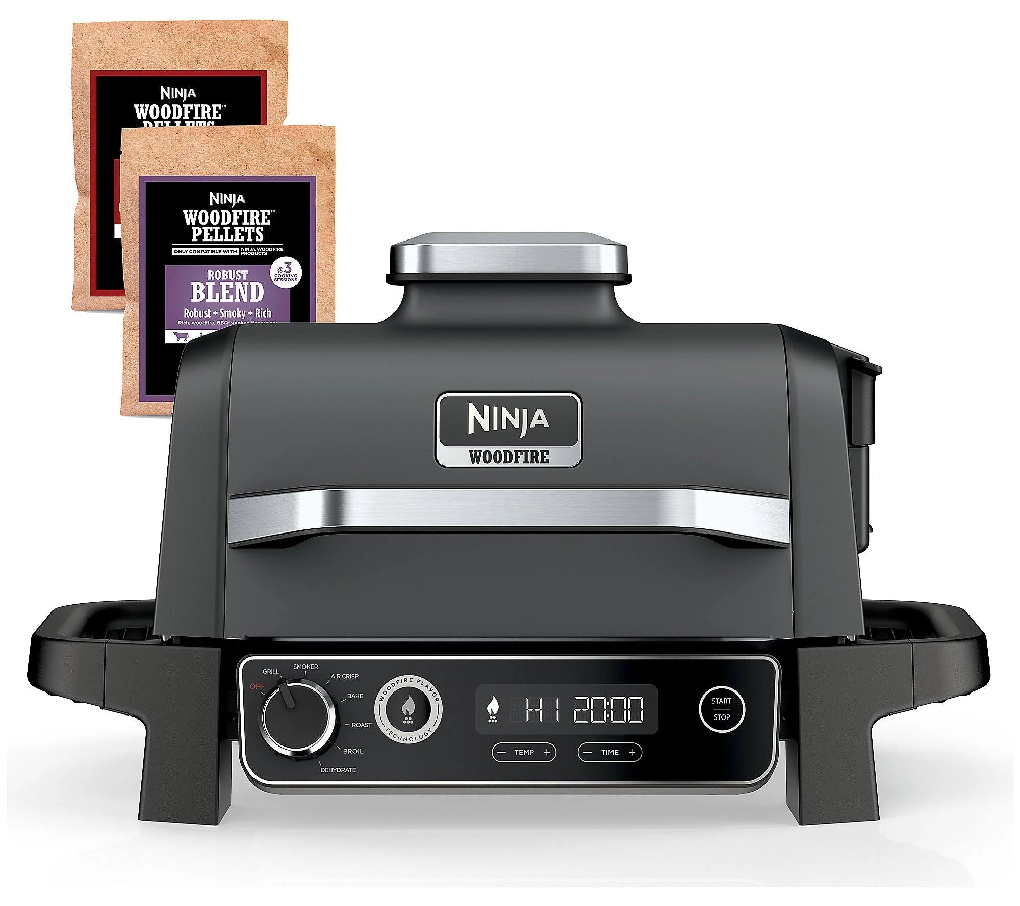 Ninja Woodfire 7-in-1 Elektrogrill für den Außenbereich (Modelljahr 2025) mit Smoker- und Heißluftfritteusenfunktion – Grau