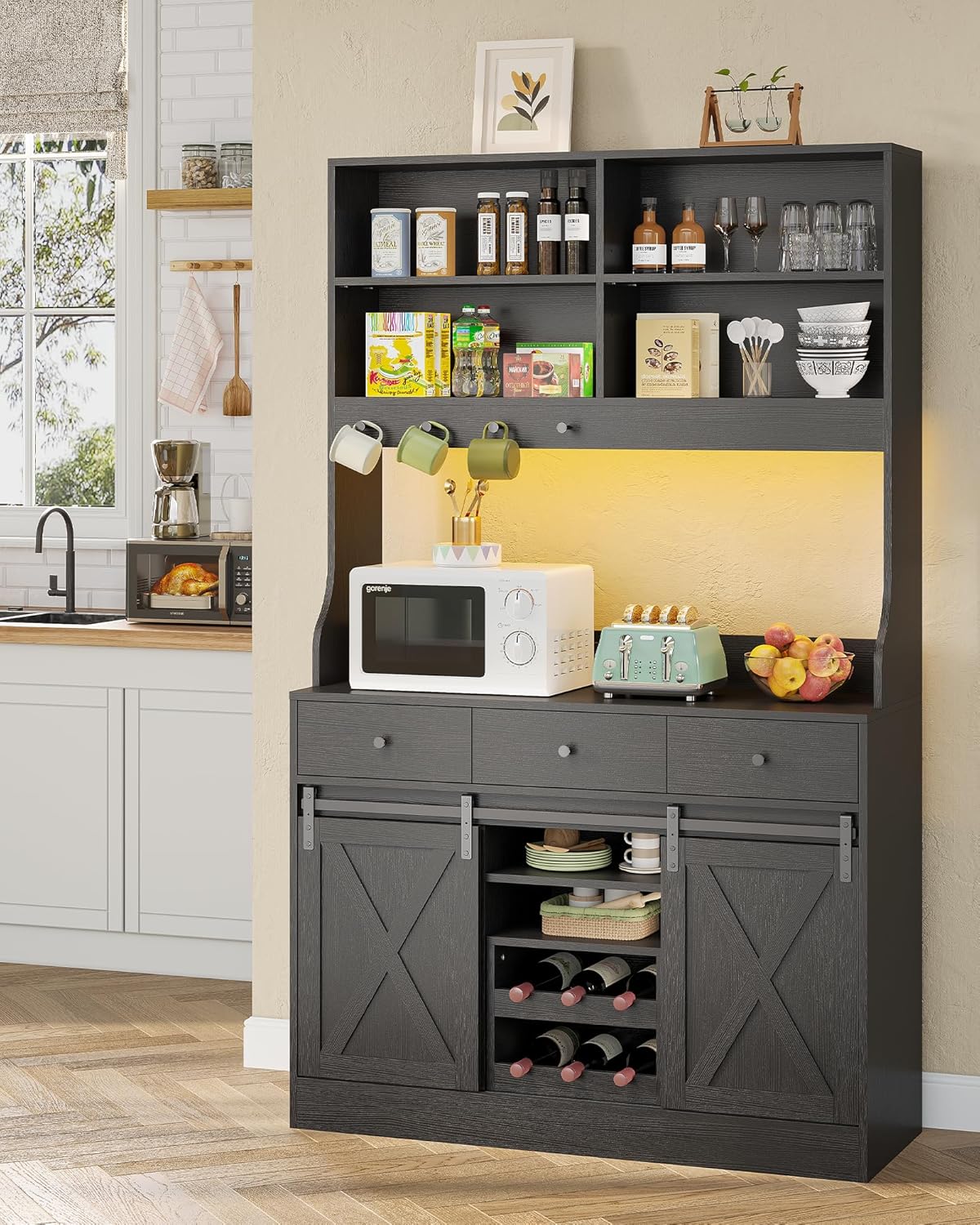 Küchenschrank, Küchen-Sideboard mit LED-Beleuchtung, Steckdosen, Buffet-Schrank, ausziehbarem Weinregal, 3 Schubladen, verstellbaren Einlegeböden, Küche, Wohnzimmer, Esszimmer, 103,5 x 40 x 180 cm, Schwarz