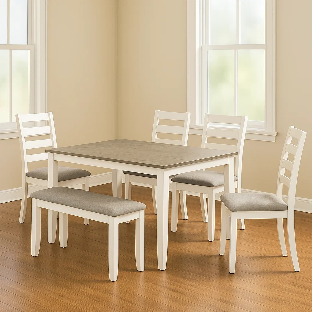 Ensemble table et chaises de salle à manger, comprenant une table et quatre chaises, ainsi qu'un banc, blanc, en bois et tissu, pour salle à manger