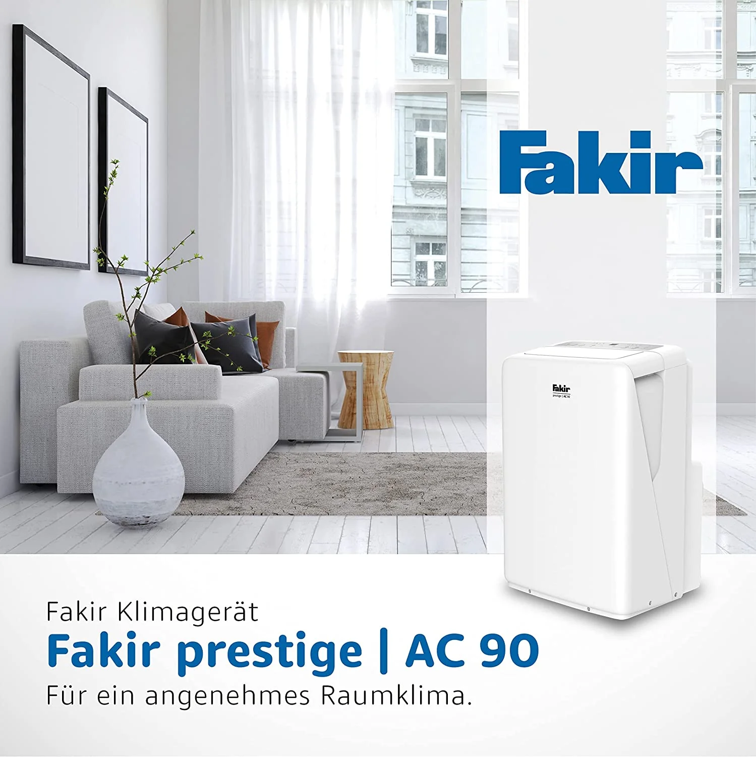 Fakir Prestige AC 90 (2025) – Tragbare Klimaanlage | Luftkühler mit 3 Windmodi + Automatikfunktion, Timer und Fernbedienung | Zusatzventilator für Räume bis zu 85 m³ | Weiß | 2600 Watt
