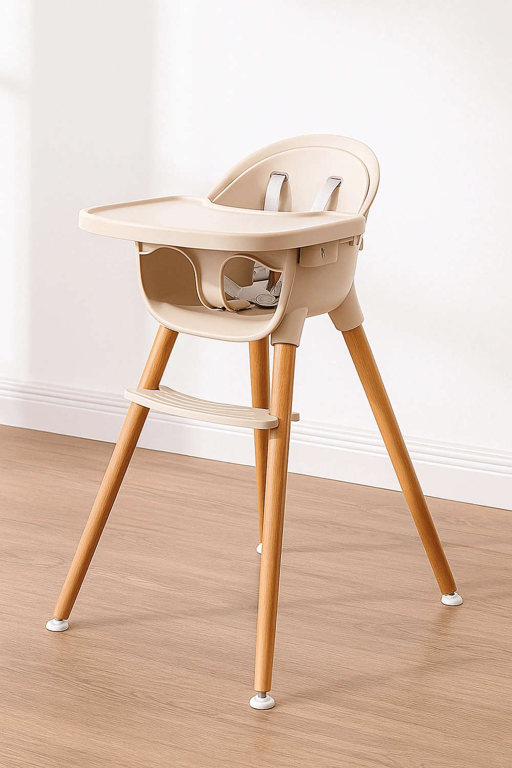 Chaise haute avec tablette amovible et structure en bois, harnais de sécurité 5 points, couleur beige, convient aux enfants de 6 à 36 mois.