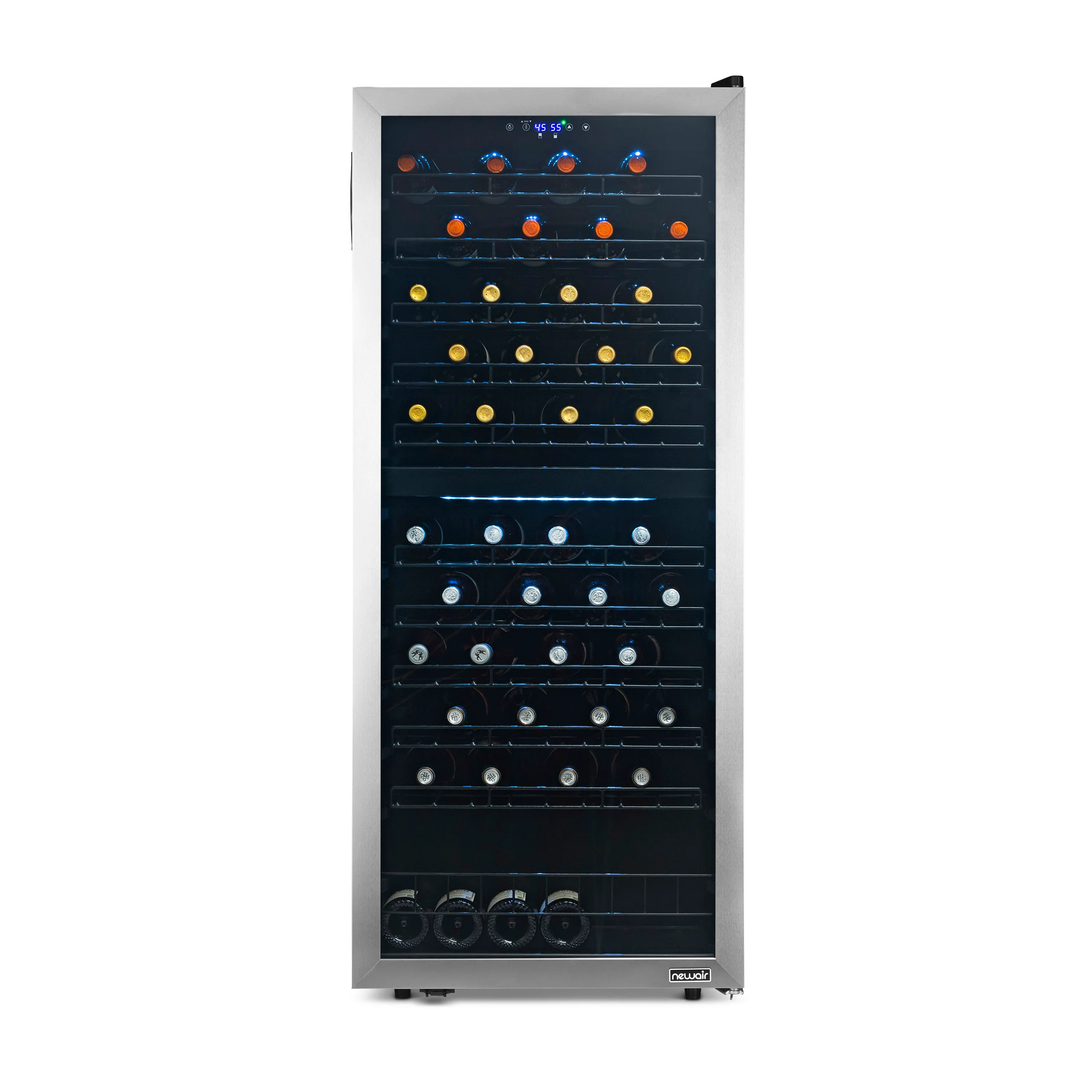Newair® Weinkühlschrank aus Edelstahl, freistehend, Modelljahr 2025 – Platz für 98 Flaschen – 23 Flaschen mit zwei Temperaturzonen