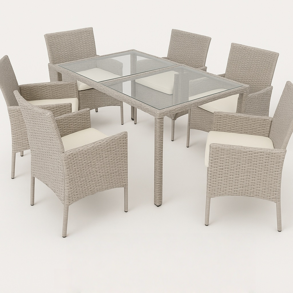 Ensemble de jardin comprenant une table avec plateau en verre et 6 chaises en rotin synthétique beige pour l'extérieur