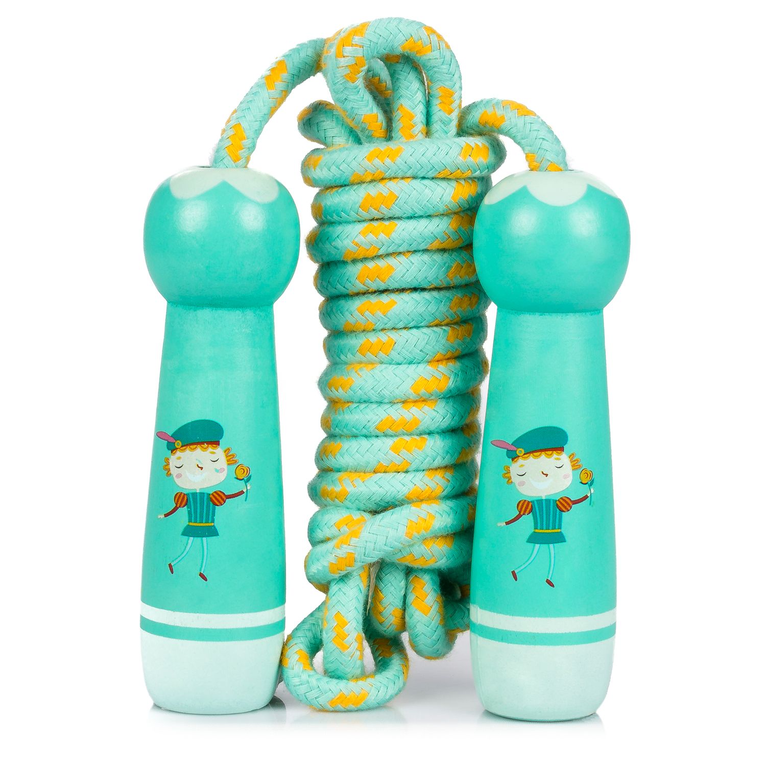 Holzspringseil für Kinder mit niedlichem Springprinzen-Motiv. 300 cm Seillänge. Maße: 300 x 3 x 10,6 cm. Farbe: Aquamaringrün.