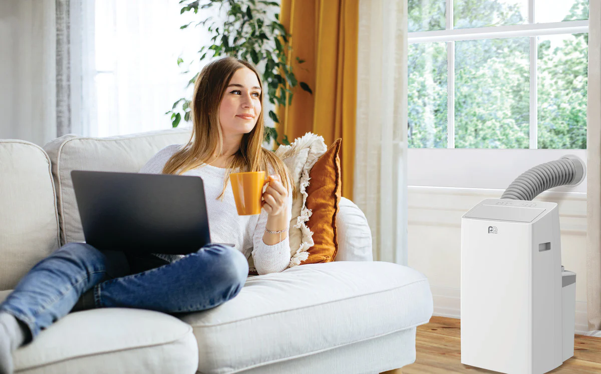 Hocheffiziente, mobile Klimaanlage mit 14.000 BTU / 8.200 SACC, Zweikanalsystem, Wärmepumpe und drahtloser Smart-Steuerung