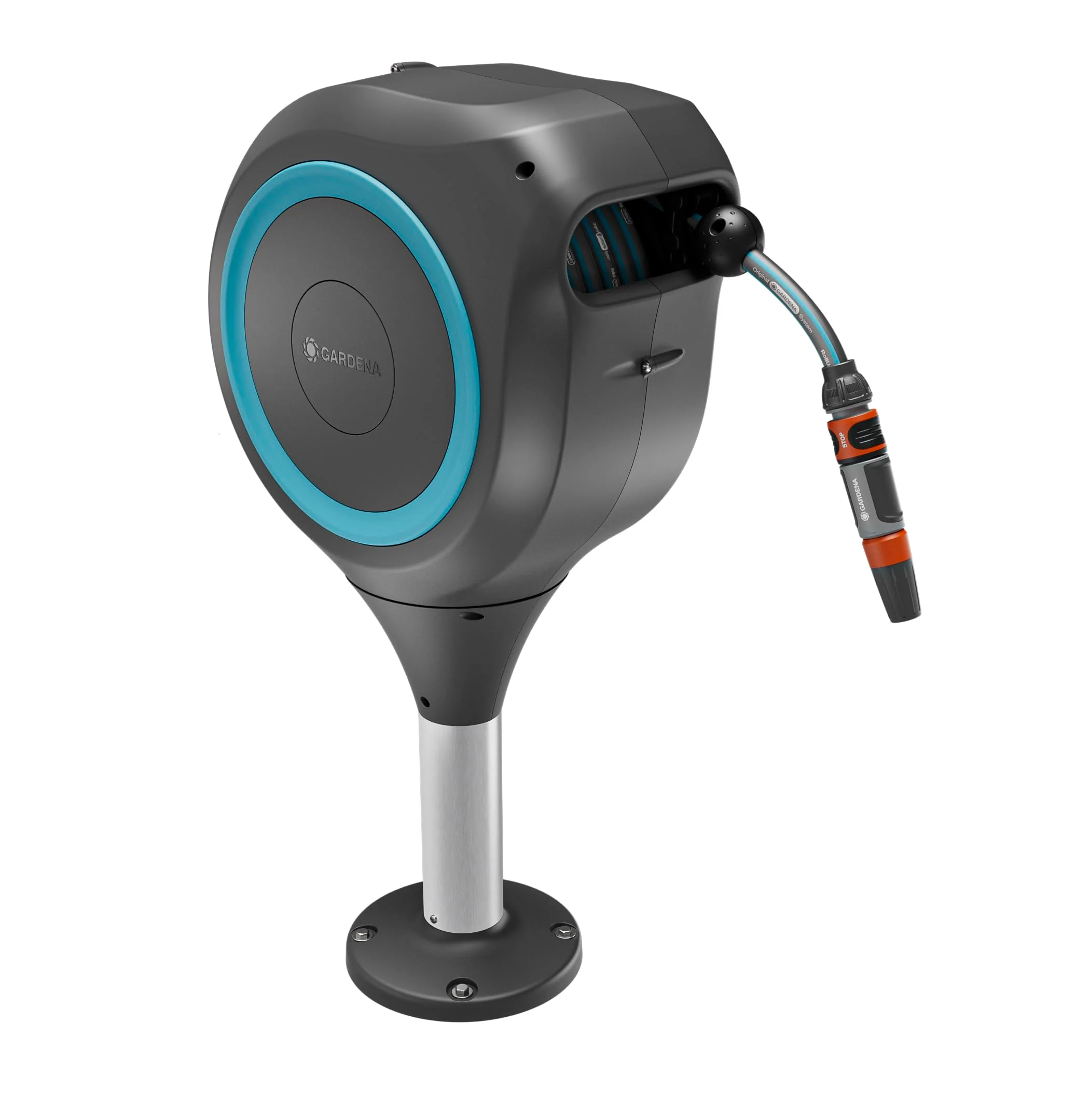 Gardena RollUp M Gartenschlauchbox (Modelljahr 2025): Wetterfeste Box mit Aufrollmechanismus und 20 m Schlauch. Bewässerung mittelgroßer Gärten mit Terrasse. Automatischer Rücklauf. Türkis (18615-20)